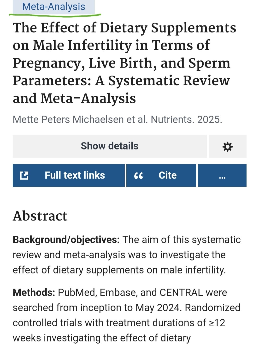 The Effect of Dietary Supplements on Male Infertility in Terms of Pregnancy, Live Birth, and Sperm Parameters: A Systematic Review and Meta-Analysis.